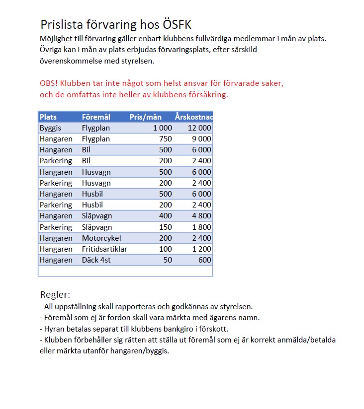 Prislista för Farvaring ÖSFK